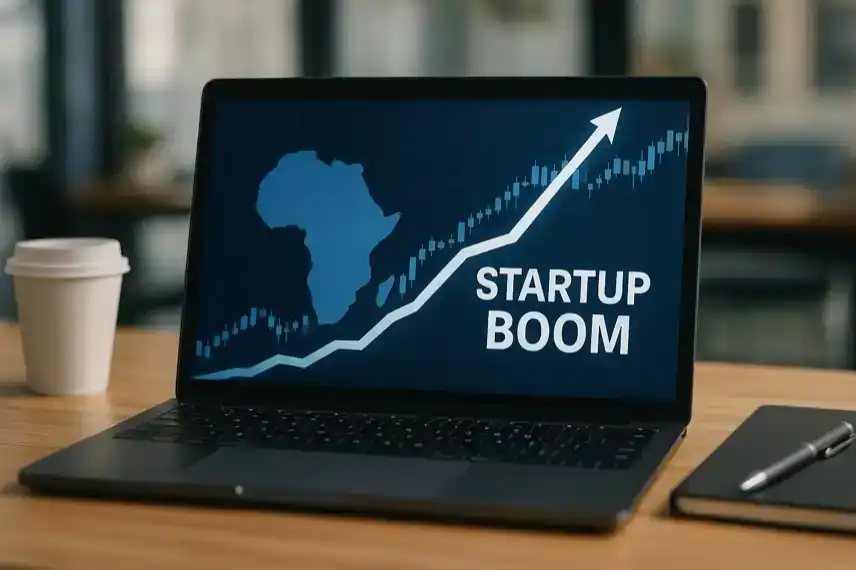 Finanzdiagramm und Afrikakarte als Symbolbild für den Tech-Boom afrikanischer Startups und steigendes Interesse deutscher Investoren.